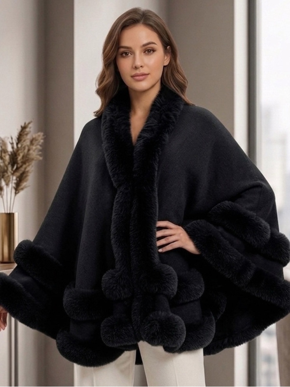 Lux Plush Faux-Fur Trim Black Cape Coat